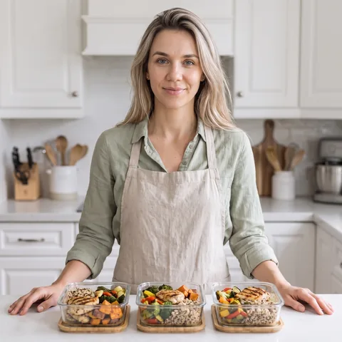 Mia Rose com três caixas de refeições prontas na bancada da cozinha